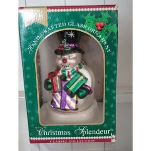 Ornament Brass Key Hand Crafted Glass Top Hat Snowman Carrying Gifts NOS 2001